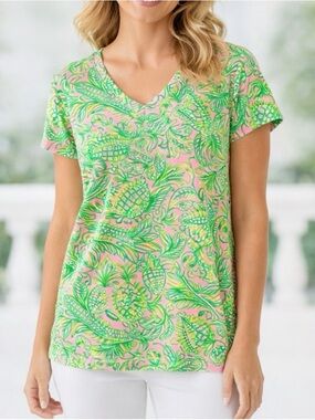 Lilly Pulitzer V-Neck Cap Sleeve Cotton Tunic Tee Lime Green Pink & White Floral